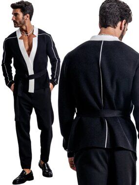 Orttu Star Neck Knitted Cardigan Sweater Men's M/L Black Wrap Belted Designer